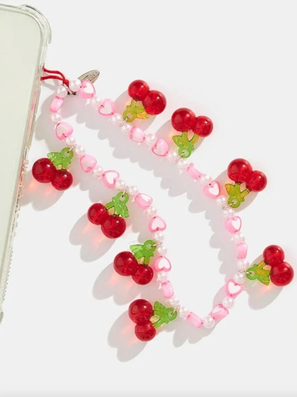 Cherry Heart Beaded Phone Charm Strap Wrist Lanyard Cute Kawaii Pink Red New